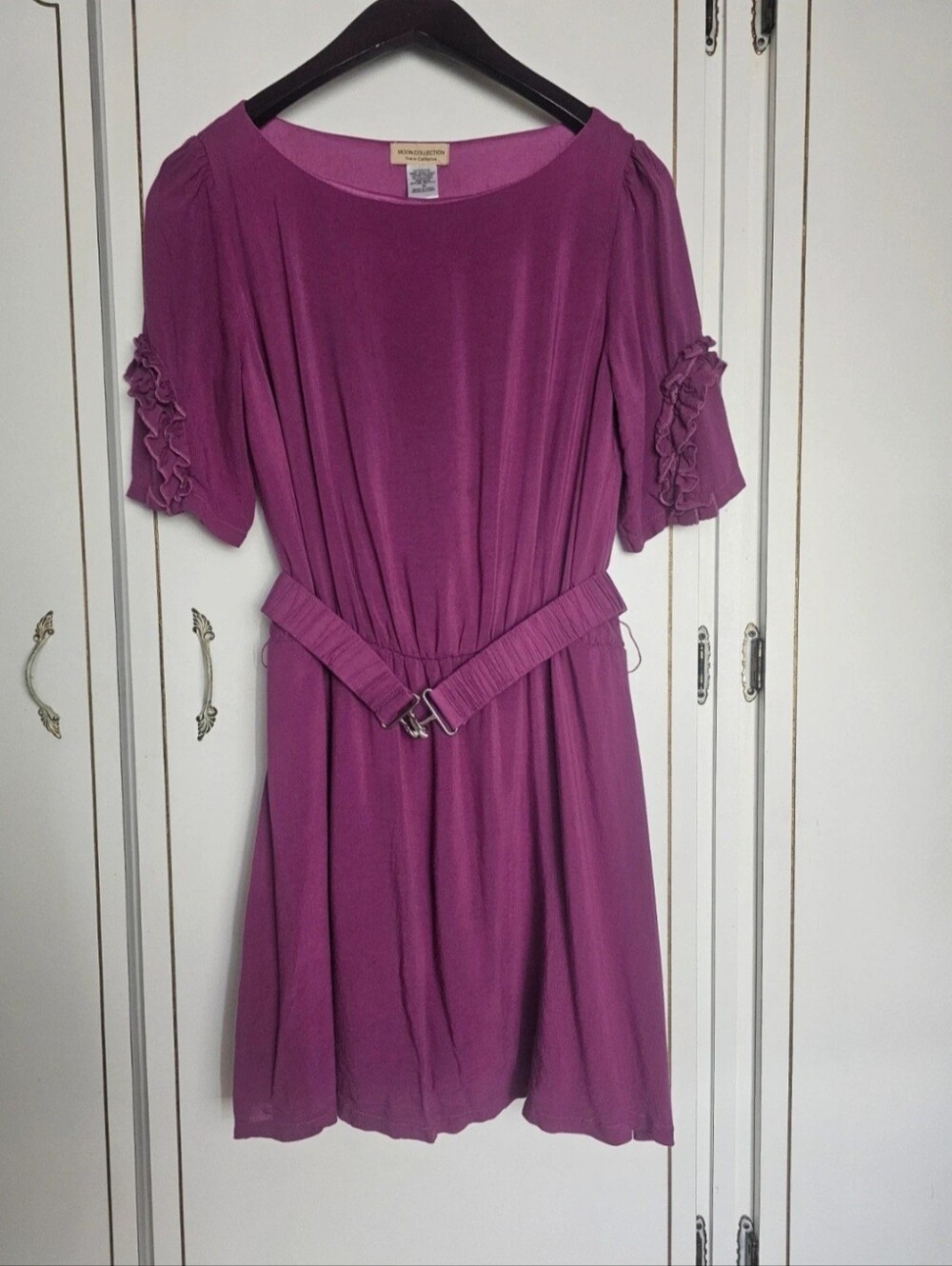 Moon Collection Magenta Short Sleeve Belted Midi Dress